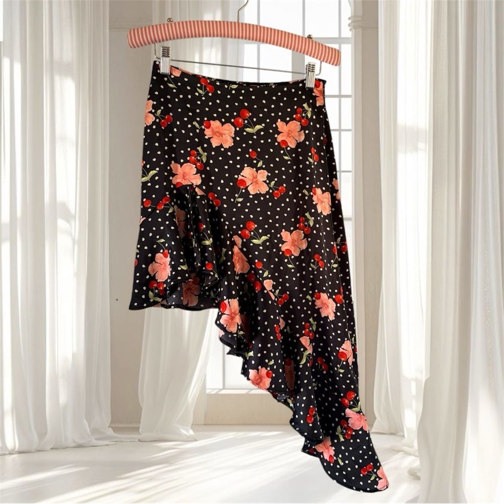 Forever 21 Satin Asymmetrical Floral Ruffle Skirt
